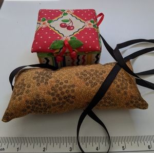 Mary Englebreit Cherry Collectable gift box & bonus Pillow Sewing Pincushions